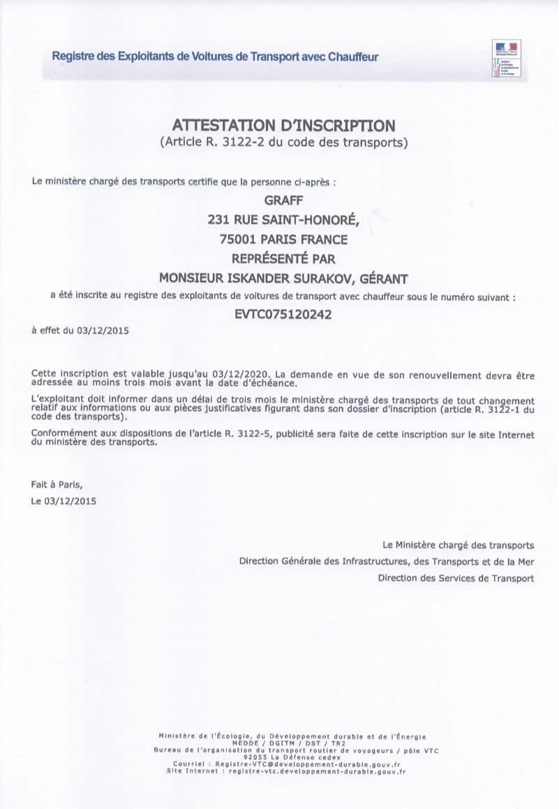 Certificato di iscrizione nel registro di trasporto Certificato di iscrizione nel registro di trasporto